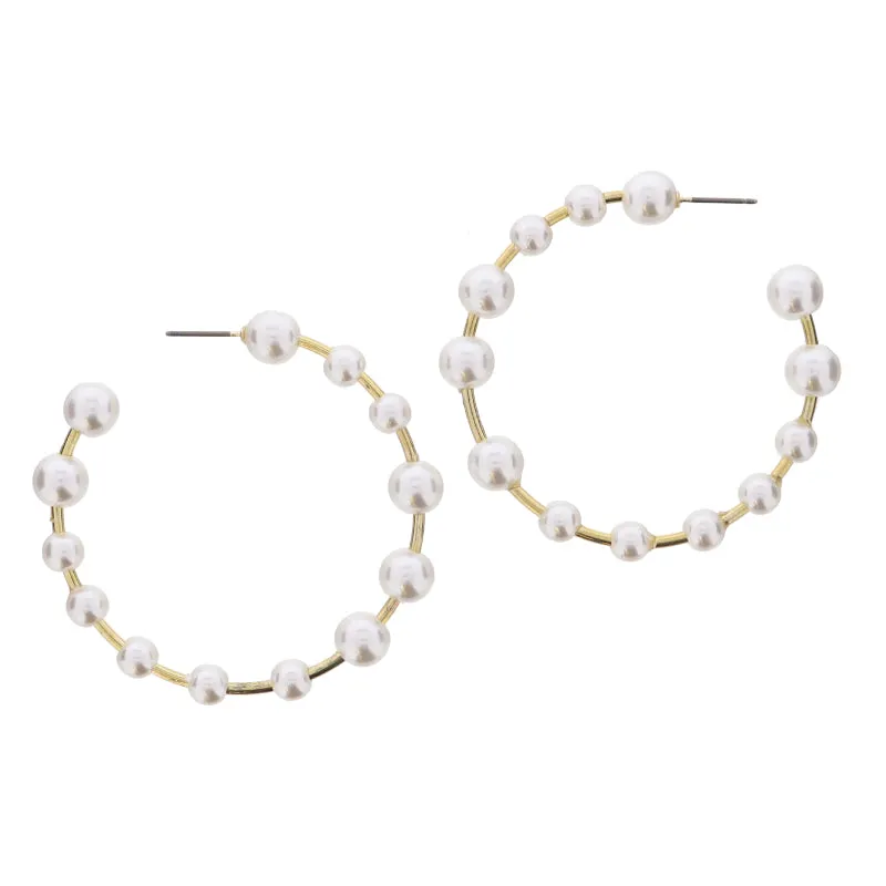 Thin Gold Hoop with Multi Pearl Beads Earrings, 2.25" Top to Bottom sold by Charming Charlie