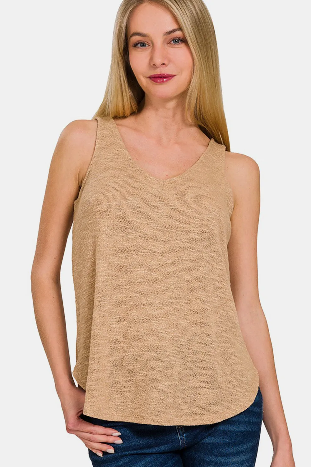 Zenana V-Neck Curved Hem Tank sold by Charming Charlie