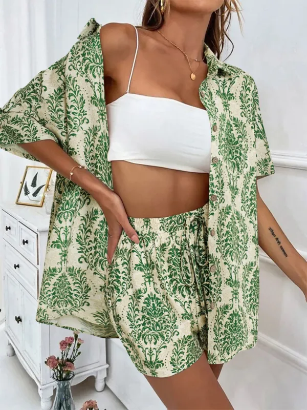 Printed Button Up Top and Shorts Set sold by Charming Charlie