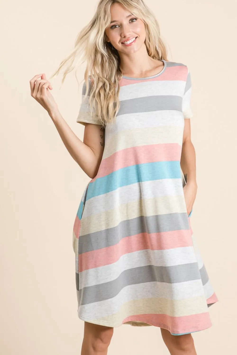 BOMBOM Striped Short Sleeve Dress with Pockets sold by Charming Charlie product image thumbnail 3