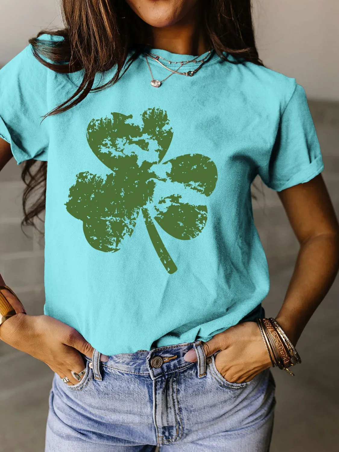 Full Size Lucky Clover Round Neck Short Sleeve T-Shirt sold by Charming Charlie