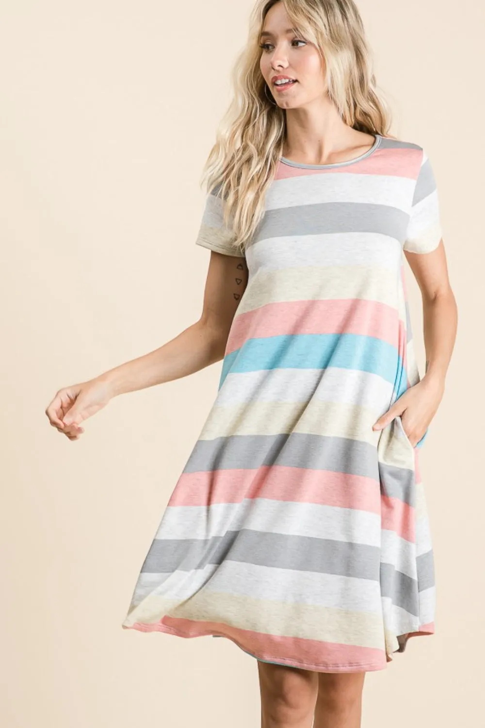 BOMBOM Striped Short Sleeve Dress with Pockets sold by Charming Charlie