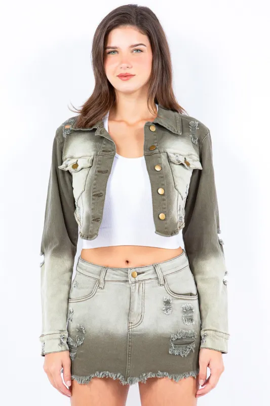 American Bazi Distressed Ombre Washed Cropped Denim Jacket sold by Charming Charlie