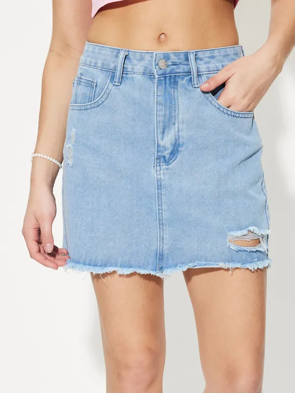 Distressed Raw Hem Mini Denim Skirt sold by Charming Charlie