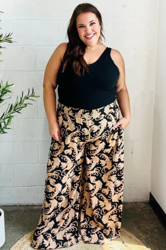 Fall Vibes Black Paisley Print Smocked Waist Palazzo Pants sold by Charming Charlie