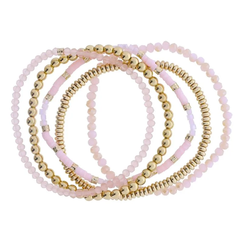 Set of 5 Coordinating Light Pink, Rose, Gold Beaded Bracelets, 8" Around sold by Charming Charlie