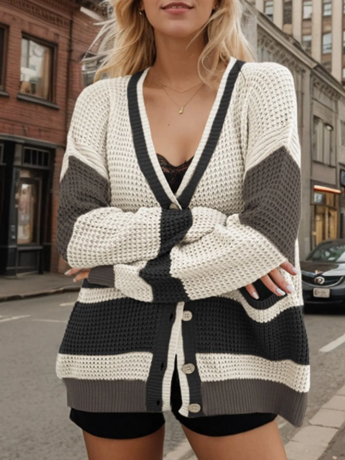 Contrast Button Up Long Sleeve Cardigan sold by Charming Charlie product image thumbnail 5