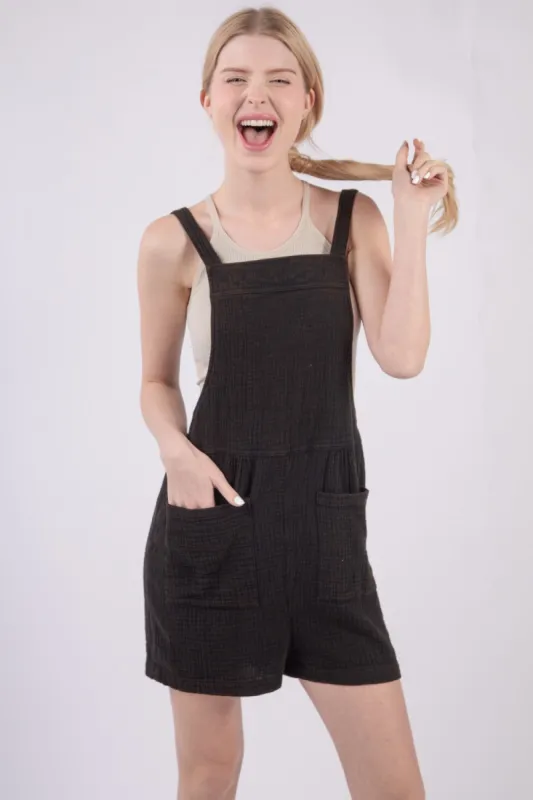 VERY J Sleeveless Double Gauze Overalls with Pockets sold by Charming Charlie