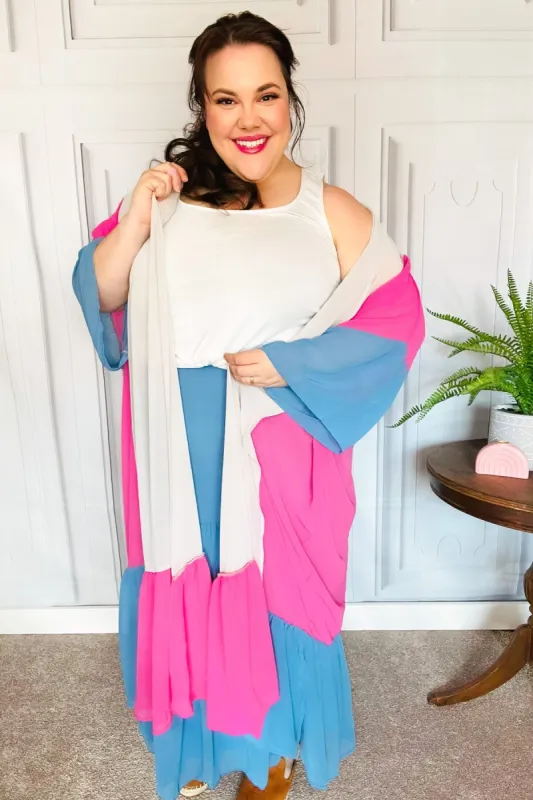 Feel Your Best Taupe & Fuchsia Color Block Ruffle Hem Kimono sold by Charming Charlie
