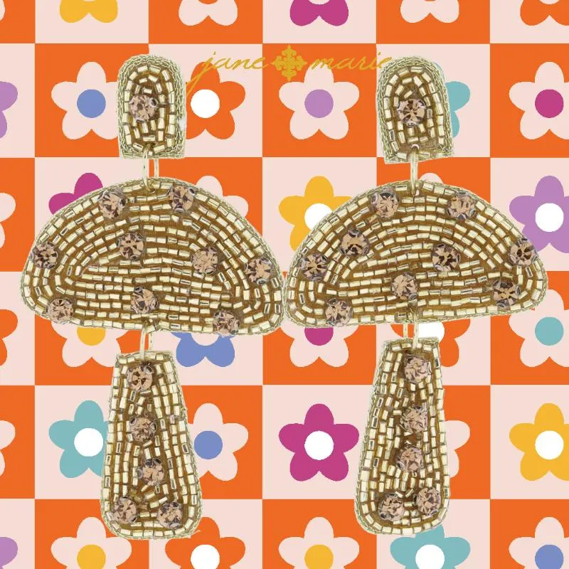 Gold Beaded Post and Mushroom with Golden Champagne Crystal Accents Earrings, 2.75" Top to Bottom sold by Charming Charlie