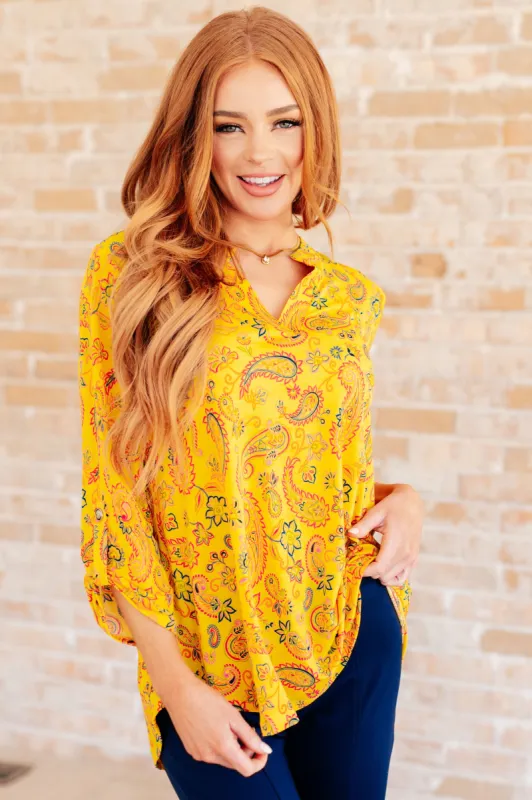 Lizzy Top in Yellow and Navy Paisley sold by Charming Charlie