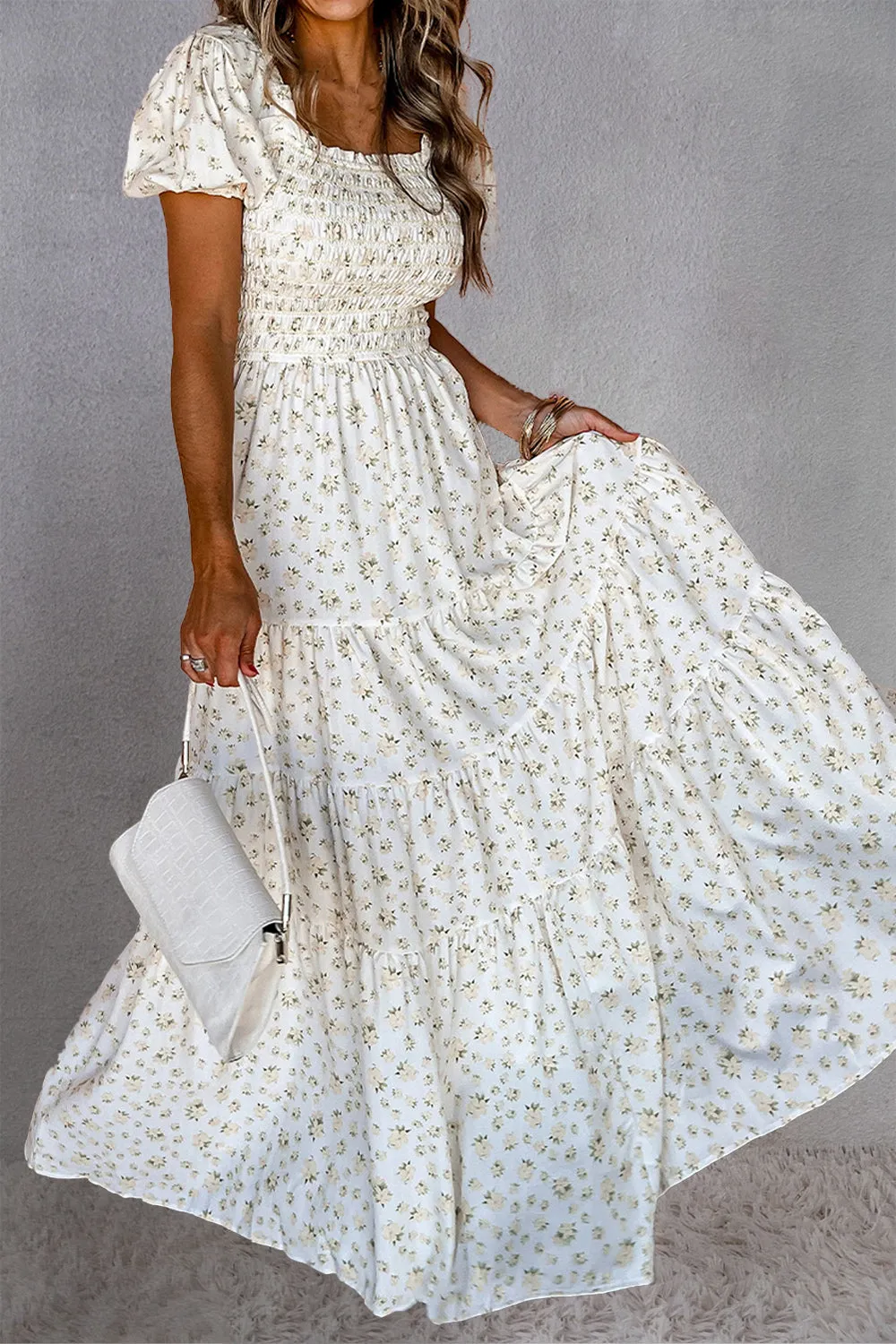 Smocked Printed Square Neck Short Sleeve Dress sold by Charming Charlie product image thumbnail 2