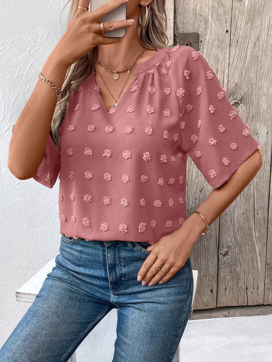 Swiss Dot Notched Half Sleeve Blouse sold by Charming Charlie product image thumbnail 3