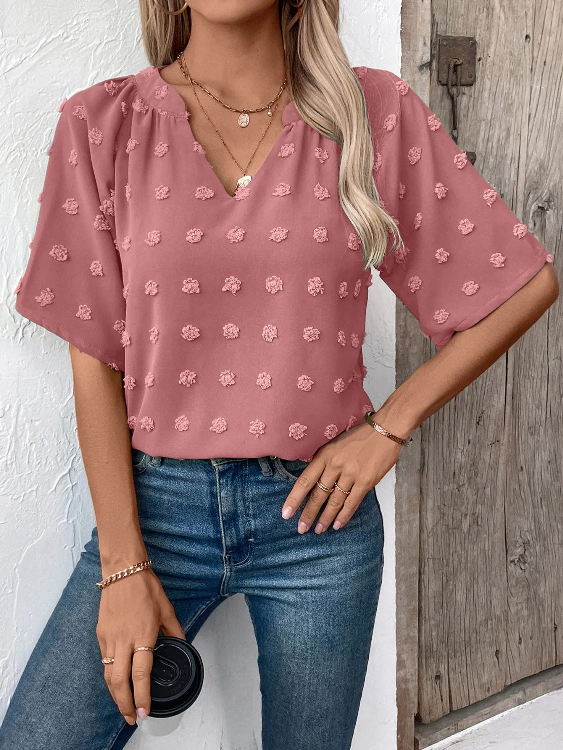 Swiss Dot Notched Half Sleeve Blouse sold by Charming Charlie product image thumbnail 4