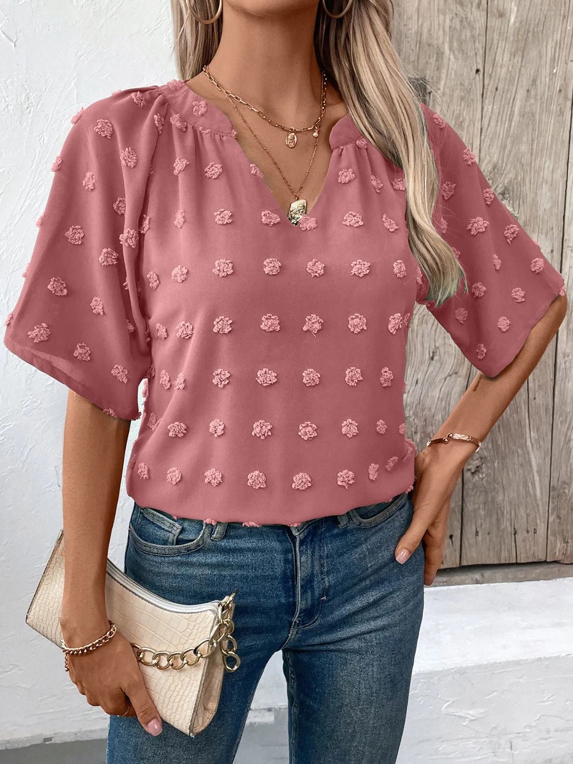 Swiss Dot Notched Half Sleeve Blouse sold by Charming Charlie