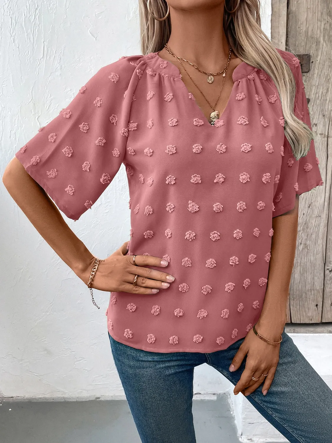 Swiss Dot Notched Half Sleeve Blouse sold by Charming Charlie product image thumbnail 5