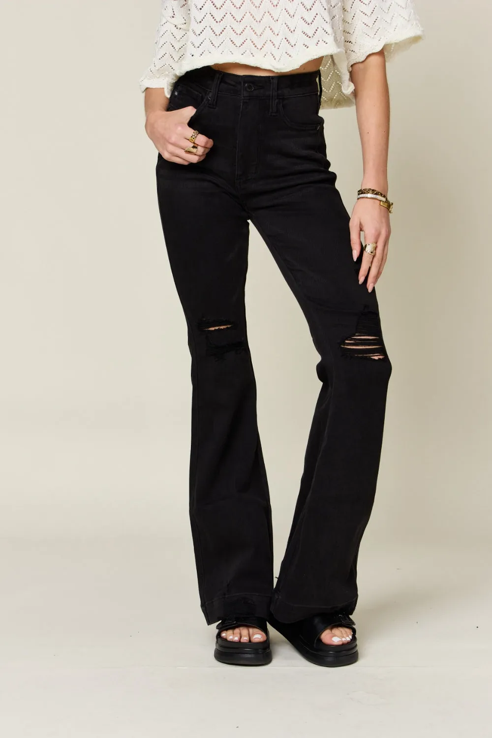 Judy Blue Full Size High Waist Distressed Flare Jeans sold by Charming Charlie