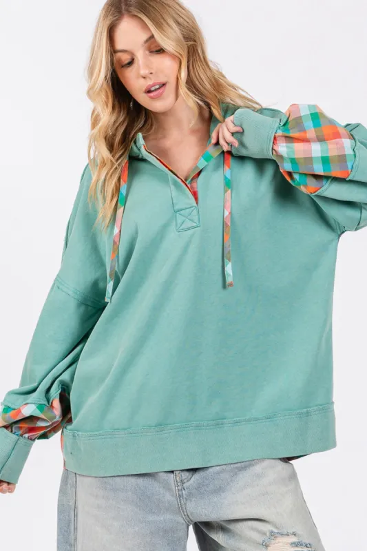 SAGE + FIG Full Size Plaid Print Washed Hoodie sold by Charming Charlie