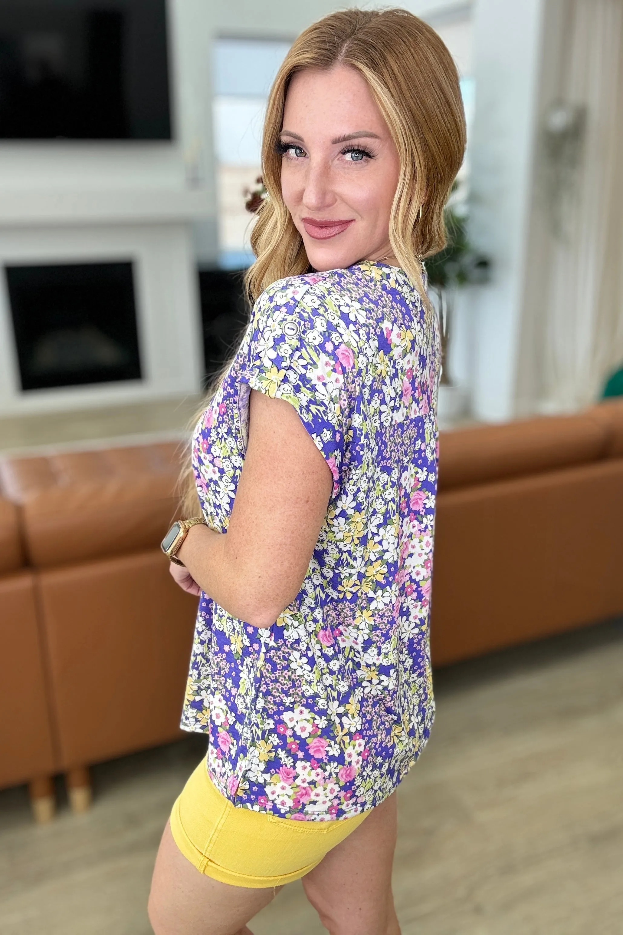 Lizzy Cap Sleeve Top in Lavender and Lime Ditsy Floral sold by Charming Charlie product image thumbnail 4