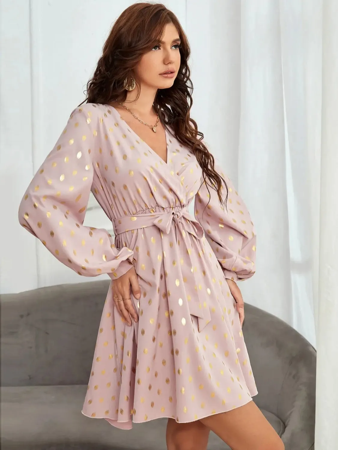 Tied Printed Surplice Long Sleeve Dress sold by Charming Charlie product image thumbnail 4