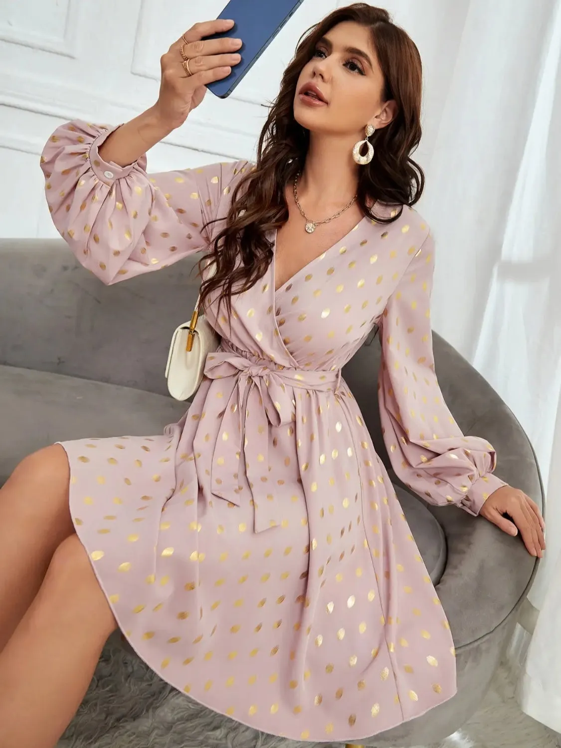 Tied Printed Surplice Long Sleeve Dress sold by Charming Charlie product image thumbnail 3
