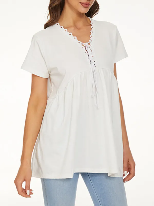 Lace Detail Tie Neck Short Sleeve T-Shirt sold by Charming Charlie