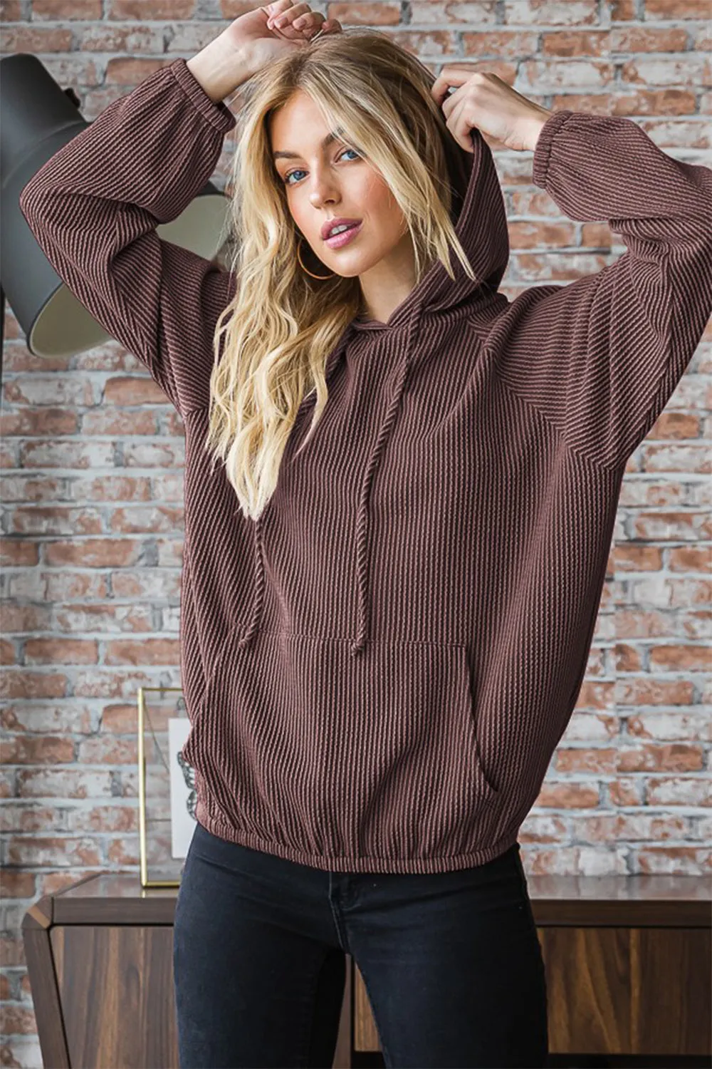 Heimish Ribbed Long Sleeve Hoodie with Kangaroo Pocket sold by Charming Charlie