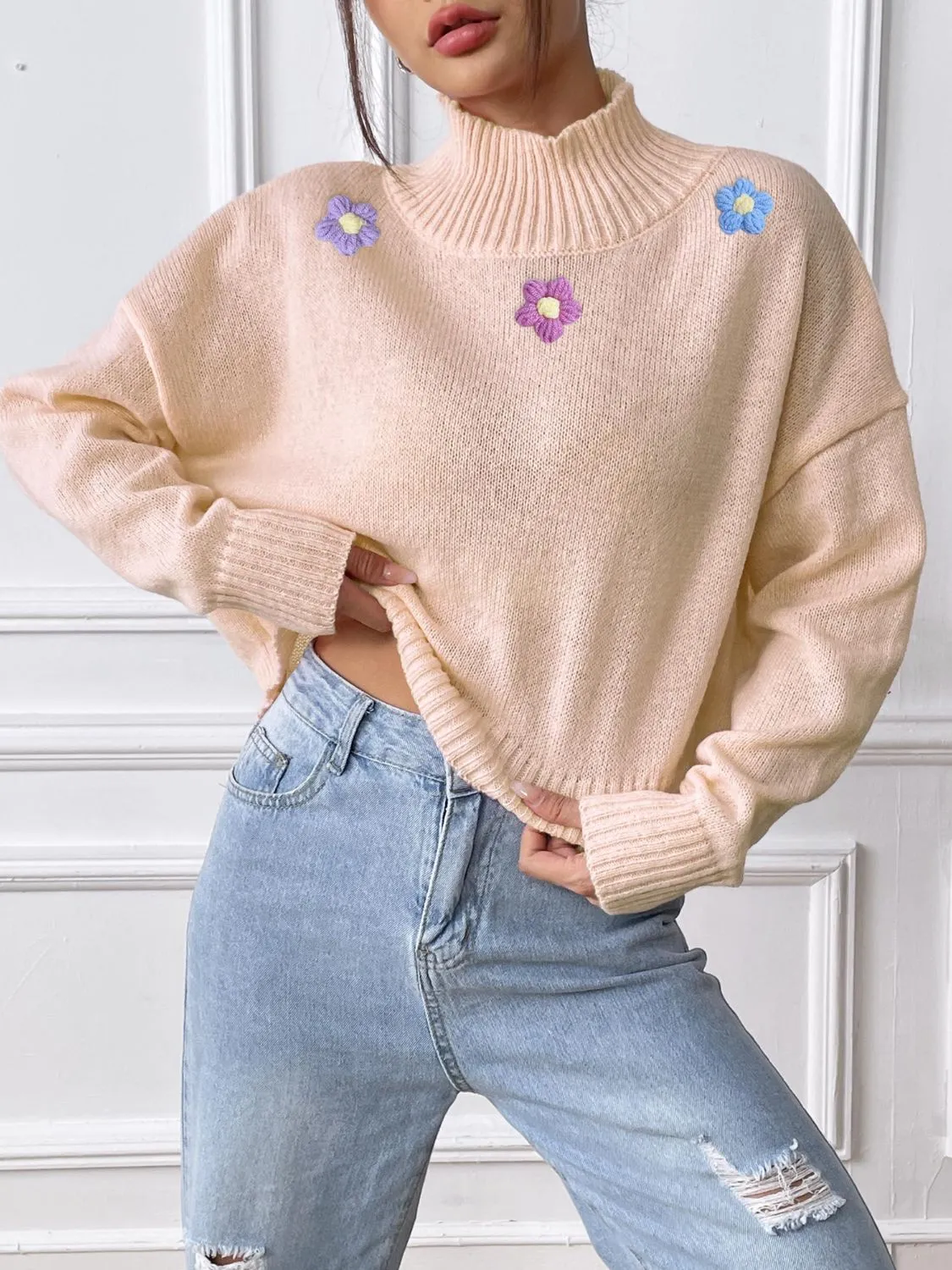 Flower Turtleneck Long Sleeve Sweater sold by Charming Charlie product image thumbnail 3