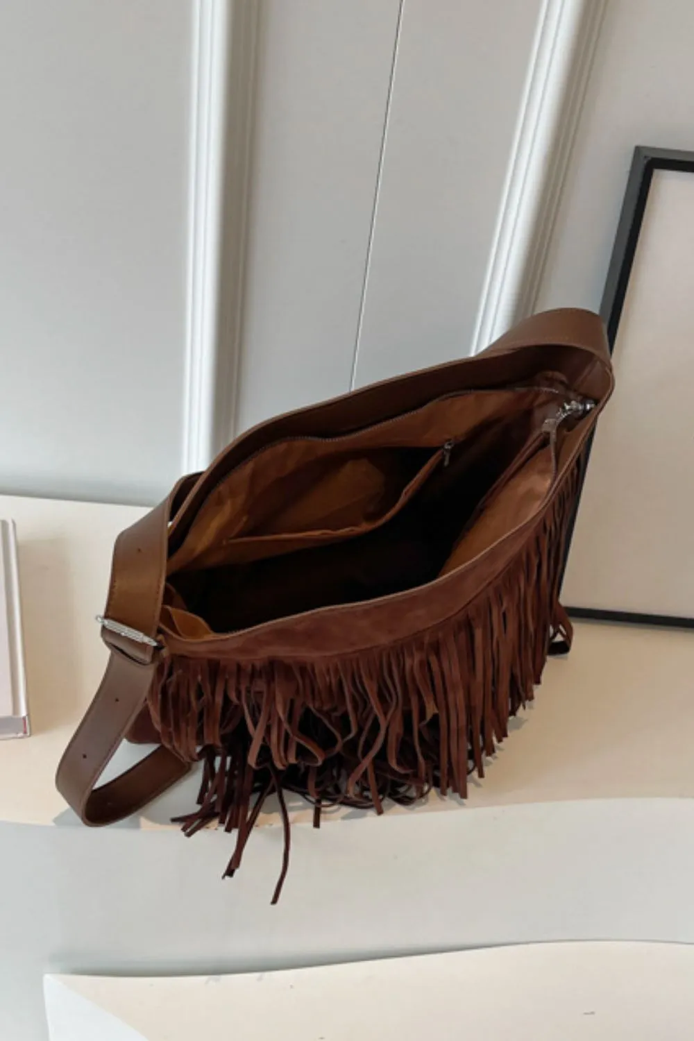 Suede Fringe Wide Strap Shoulder Bag sold by Charming Charlie product image thumbnail 2