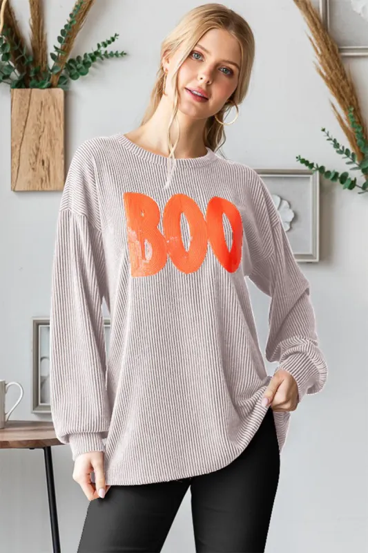 Heimish BOO Round Neck Long Sleeve Ribbed T-Shirt sold by Charming Charlie