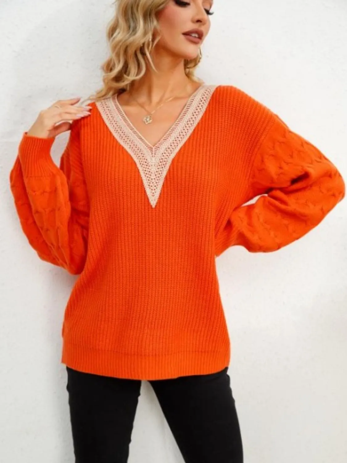 V-Neck Dropped Shoulder Long Sleeve Sweater sold by Charming Charlie