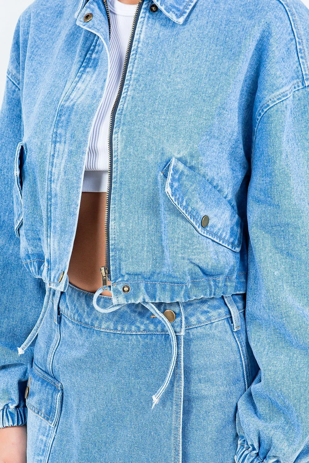 American Bazi Drawstring Waist Crop Denim Jacket sold by Charming Charlie product image thumbnail 4