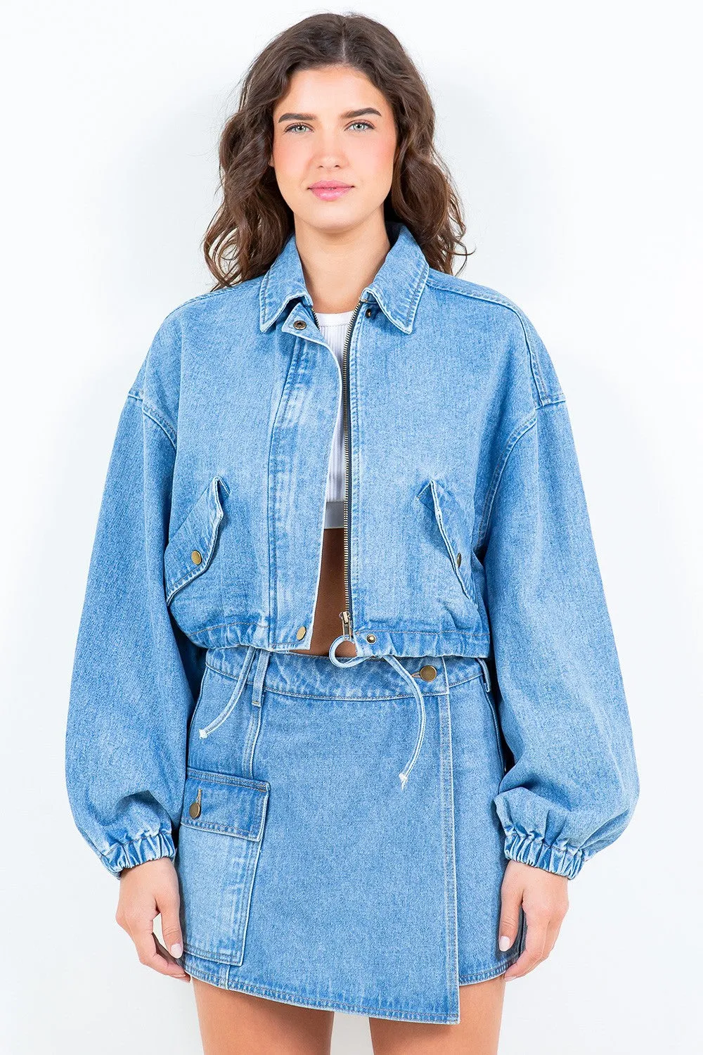 American Bazi Drawstring Waist Crop Denim Jacket sold by Charming Charlie