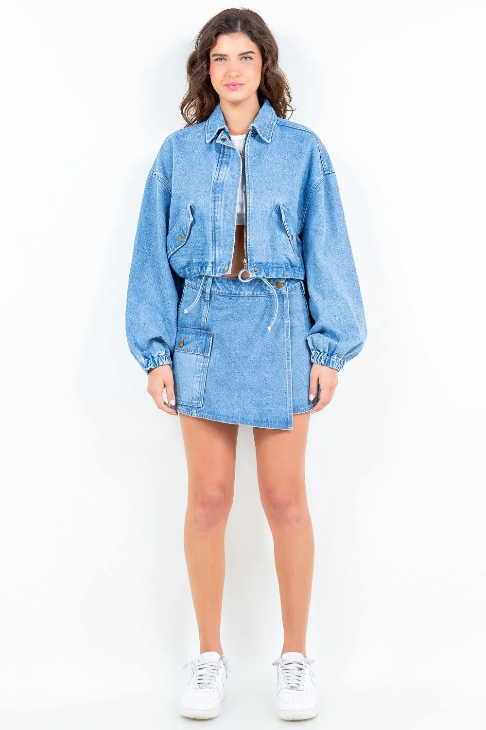 American Bazi Drawstring Waist Crop Denim Jacket sold by Charming Charlie product image thumbnail 5