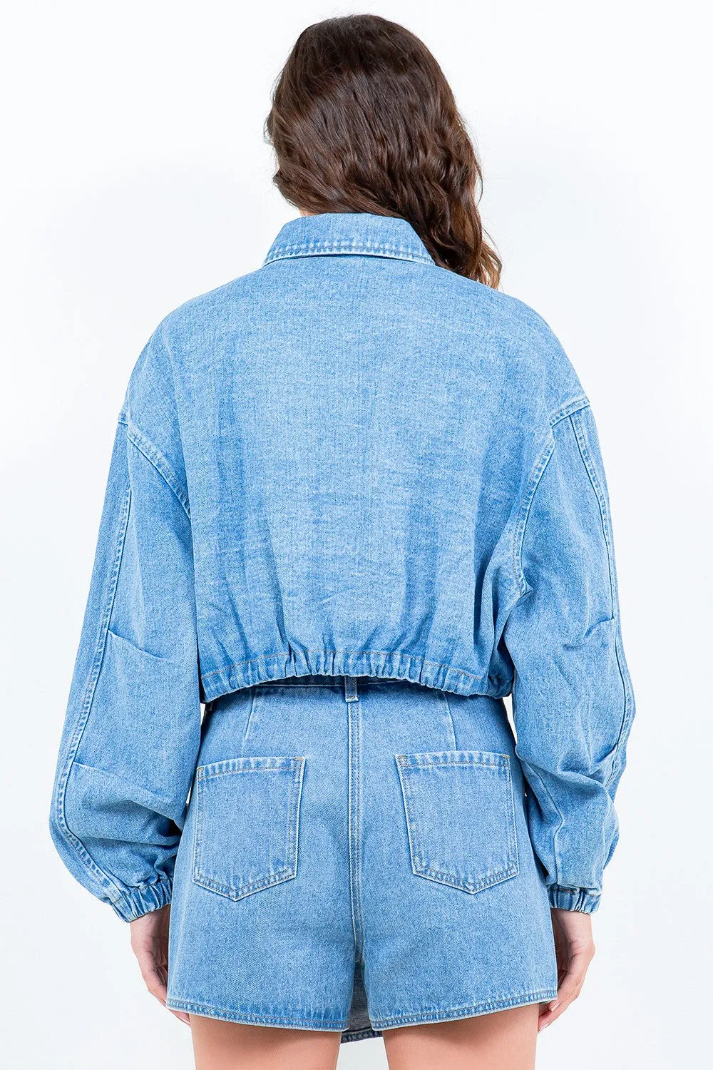 American Bazi Drawstring Waist Crop Denim Jacket sold by Charming Charlie product image thumbnail 2