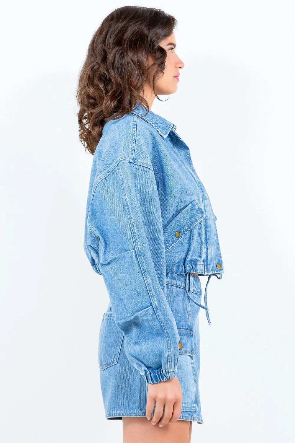 American Bazi Drawstring Waist Crop Denim Jacket sold by Charming Charlie product image thumbnail 3