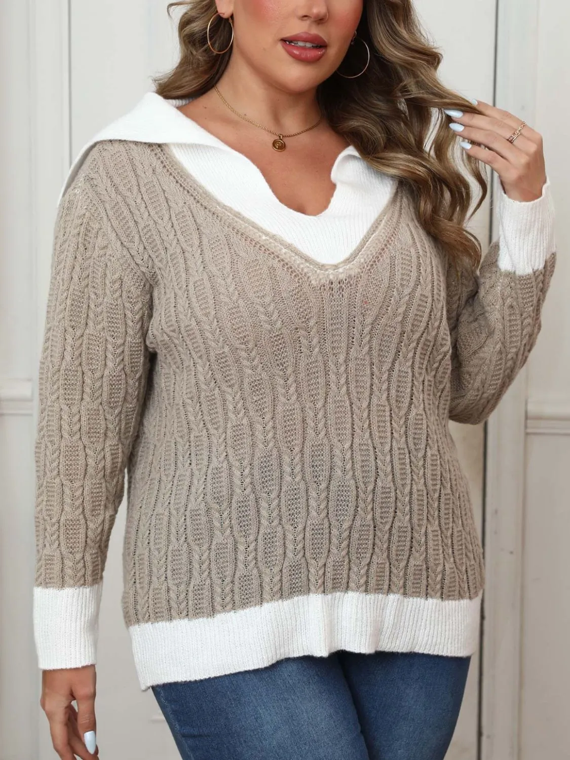Plus Size Contrast Trim Collared Neck Sweater sold by Charming Charlie product image thumbnail 3