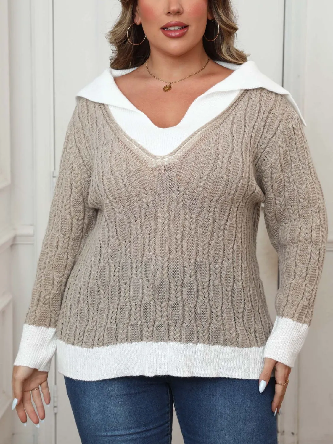 Plus Size Contrast Trim Collared Neck Sweater sold by Charming Charlie