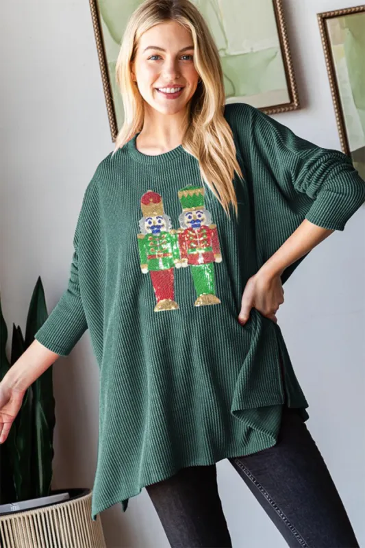 Heimish Sequin Nutcracker Long Sleeve Ribbed Top sold by Charming Charlie