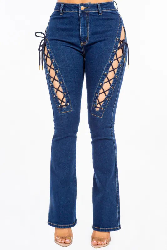 American Bazi High Rise Lace Up Jeans sold by Charming Charlie