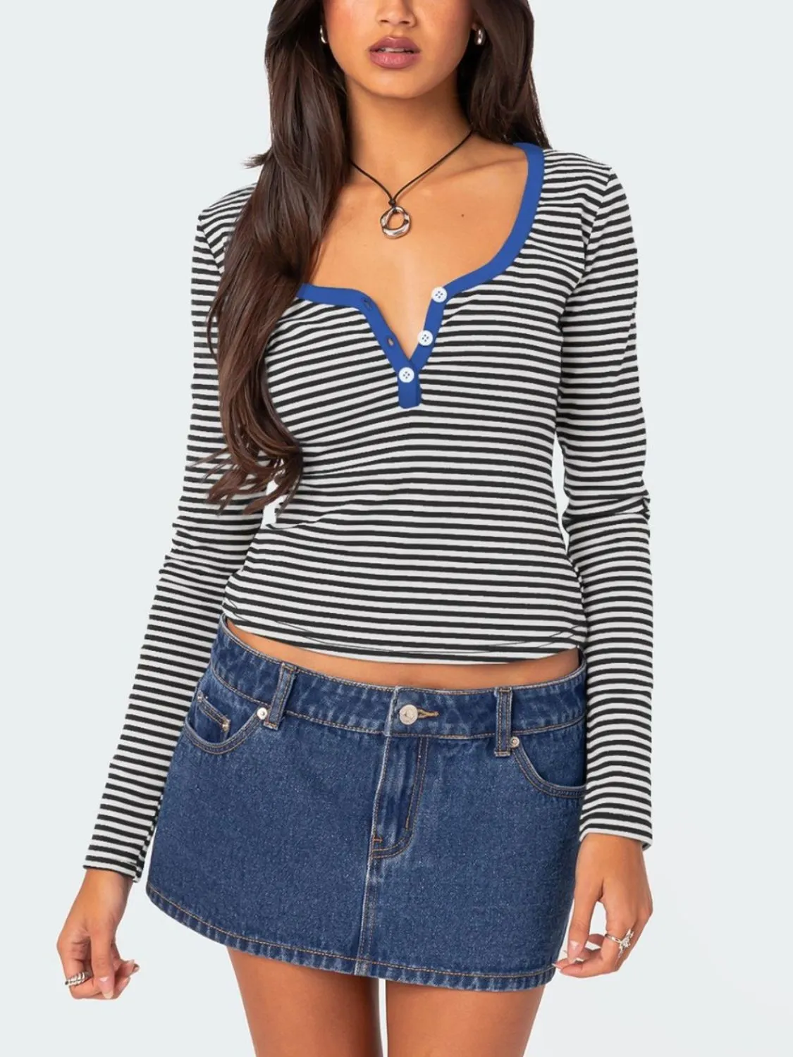 Buttoned Striped Long Sleeve T-Shirt sold by Charming Charlie