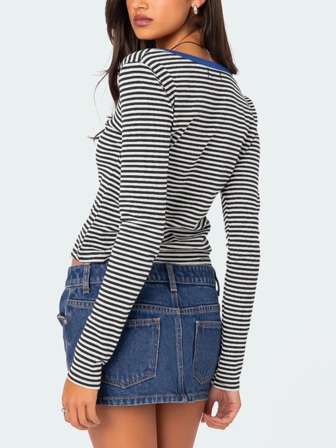 Buttoned Striped Long Sleeve T-Shirt sold by Charming Charlie product image thumbnail 2