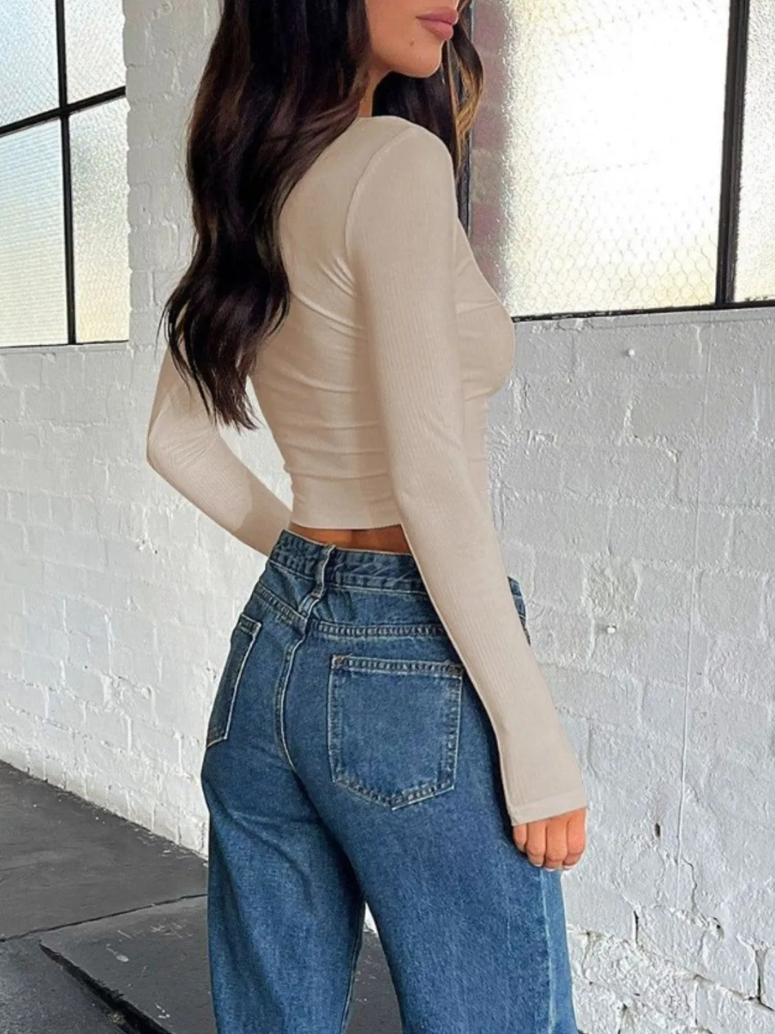 Buttoned V-Neck Long Sleeve T-Shirt sold by Charming Charlie product image thumbnail 3