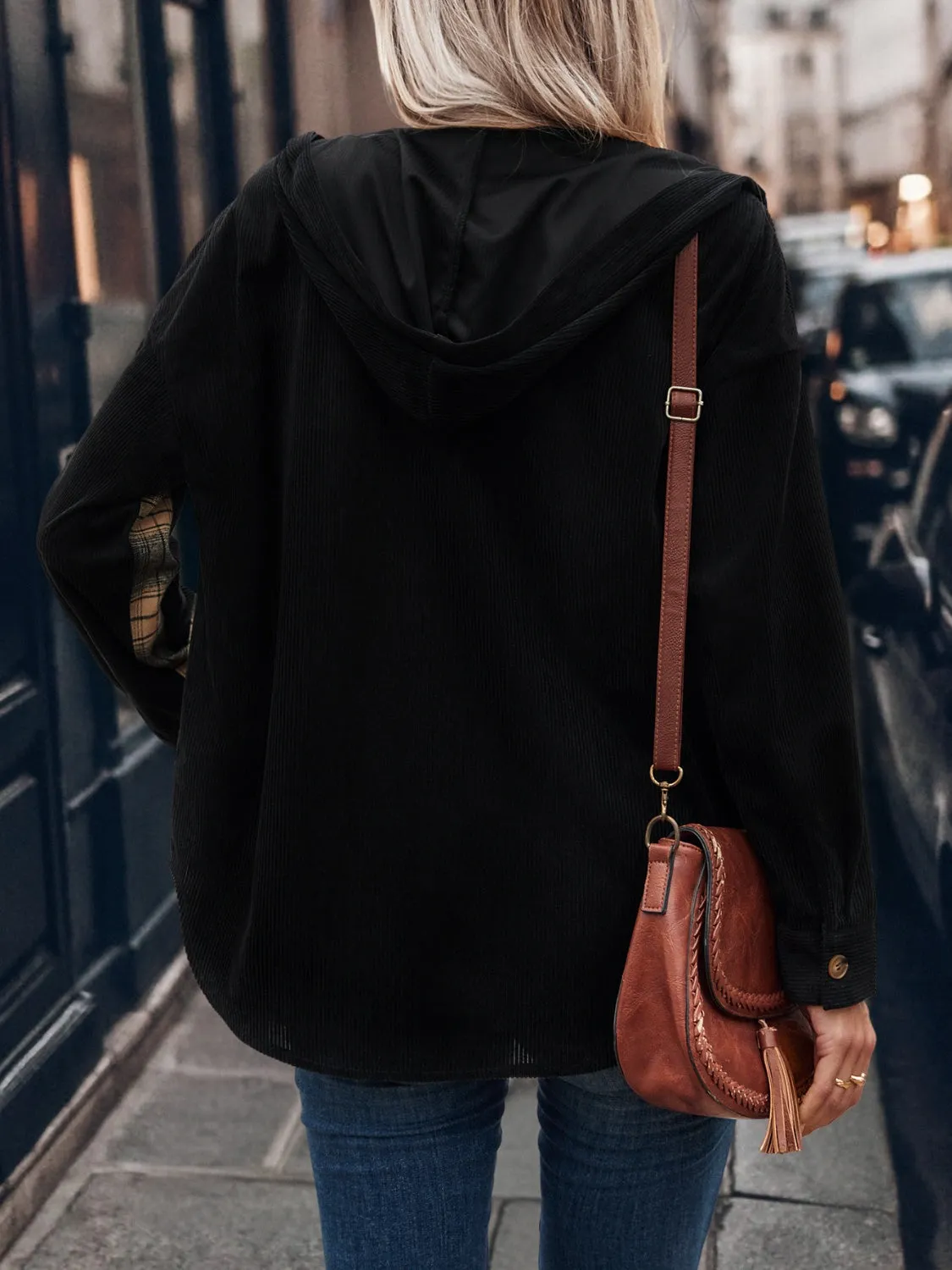 Pocketed Plaid Button Down Hooded Shacket sold by Charming Charlie product image thumbnail 2