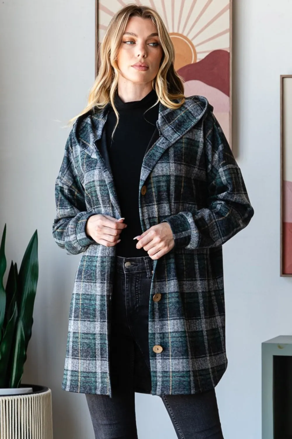 Heimish Plaid Button Down Long Sleeve Hooded Cardigan sold by Charming Charlie product image thumbnail 4