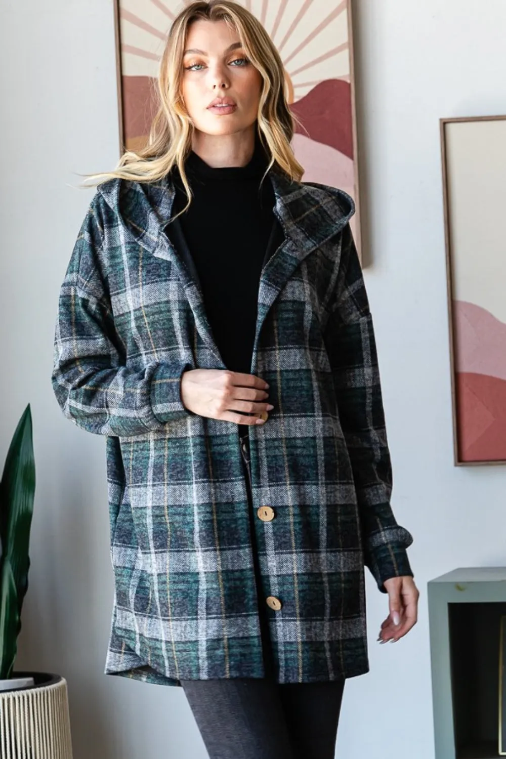 Heimish Plaid Button Down Long Sleeve Hooded Cardigan sold by Charming Charlie