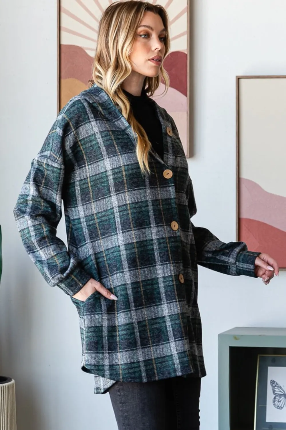 Heimish Plaid Button Down Long Sleeve Hooded Cardigan sold by Charming Charlie product image thumbnail 3