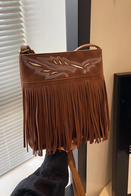 Suede Fringe Adjustable Strap Shoulder Bag sold by Charming Charlie