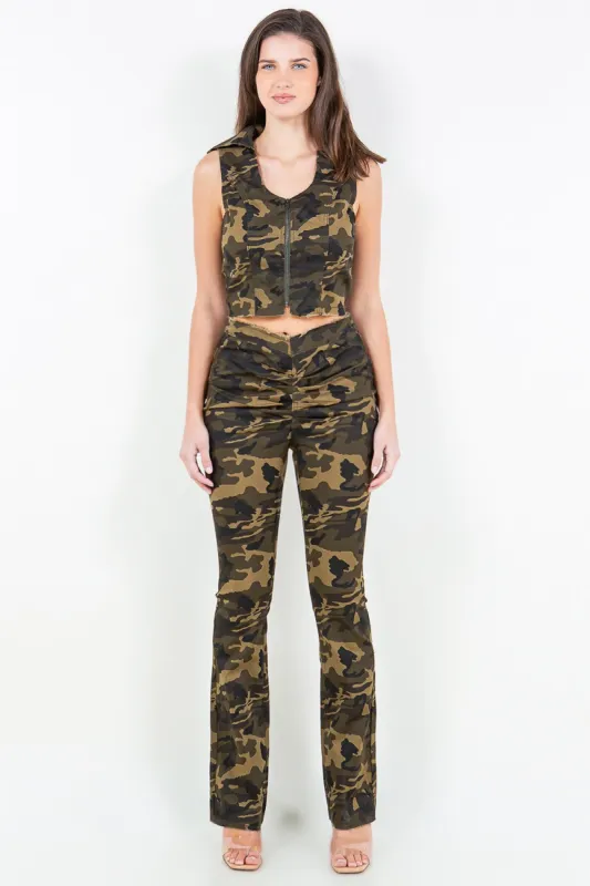 American Bazi V-Cut Ruched Camo Flare Pants sold by Charming Charlie
