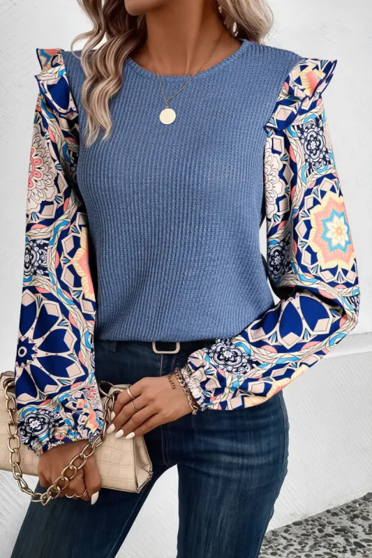 Ruffled Printed Round Neck Long Sleeve Top sold by Charming Charlie